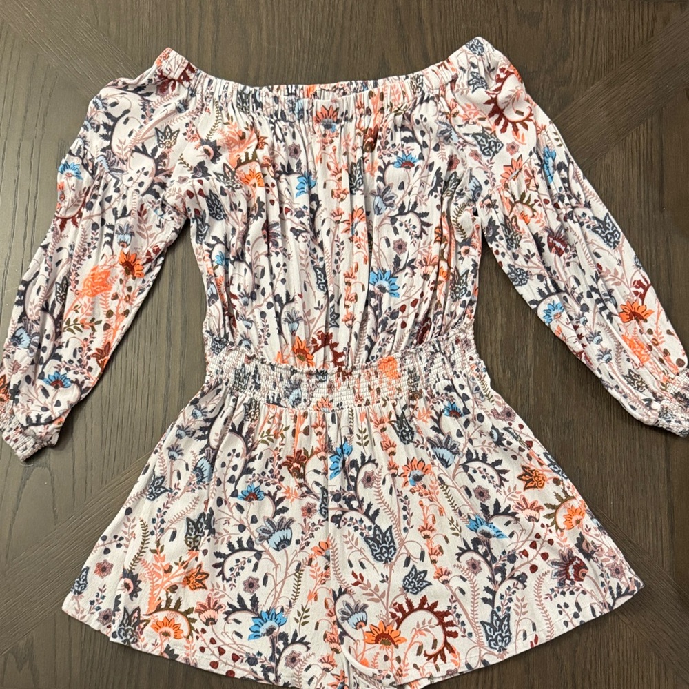 Free People Floral Off-Shoulder Romper - Blue, Orange, Purple